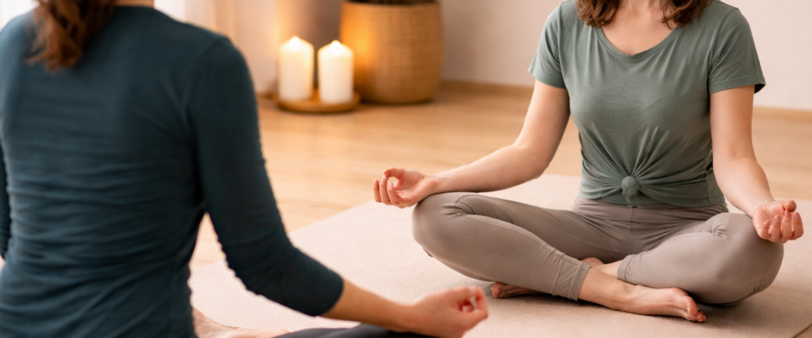 Zwei Frauen sitzen sich in Meditationshaltung gegenüber